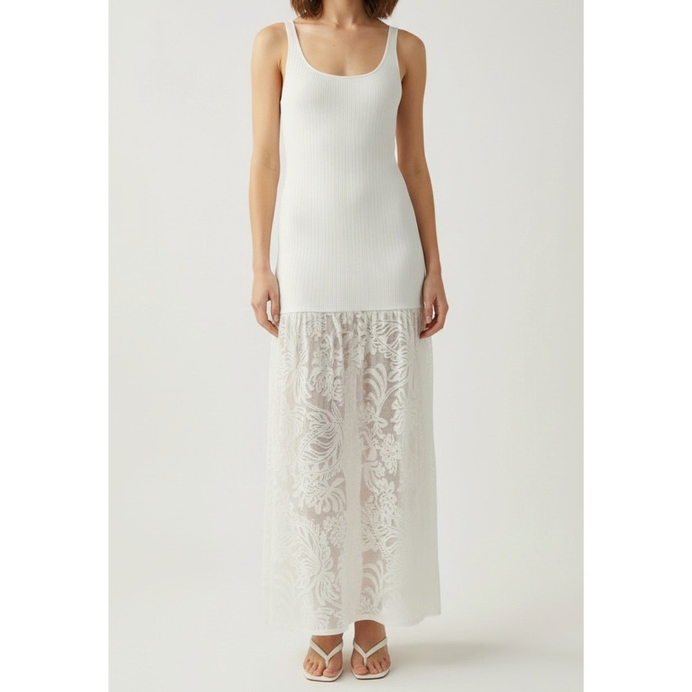 BEC & BRIDGE Rissa Ribbed Knit Dress W/ Mesh Lace Skirt, Ivory, Large - Picture 5 of 15